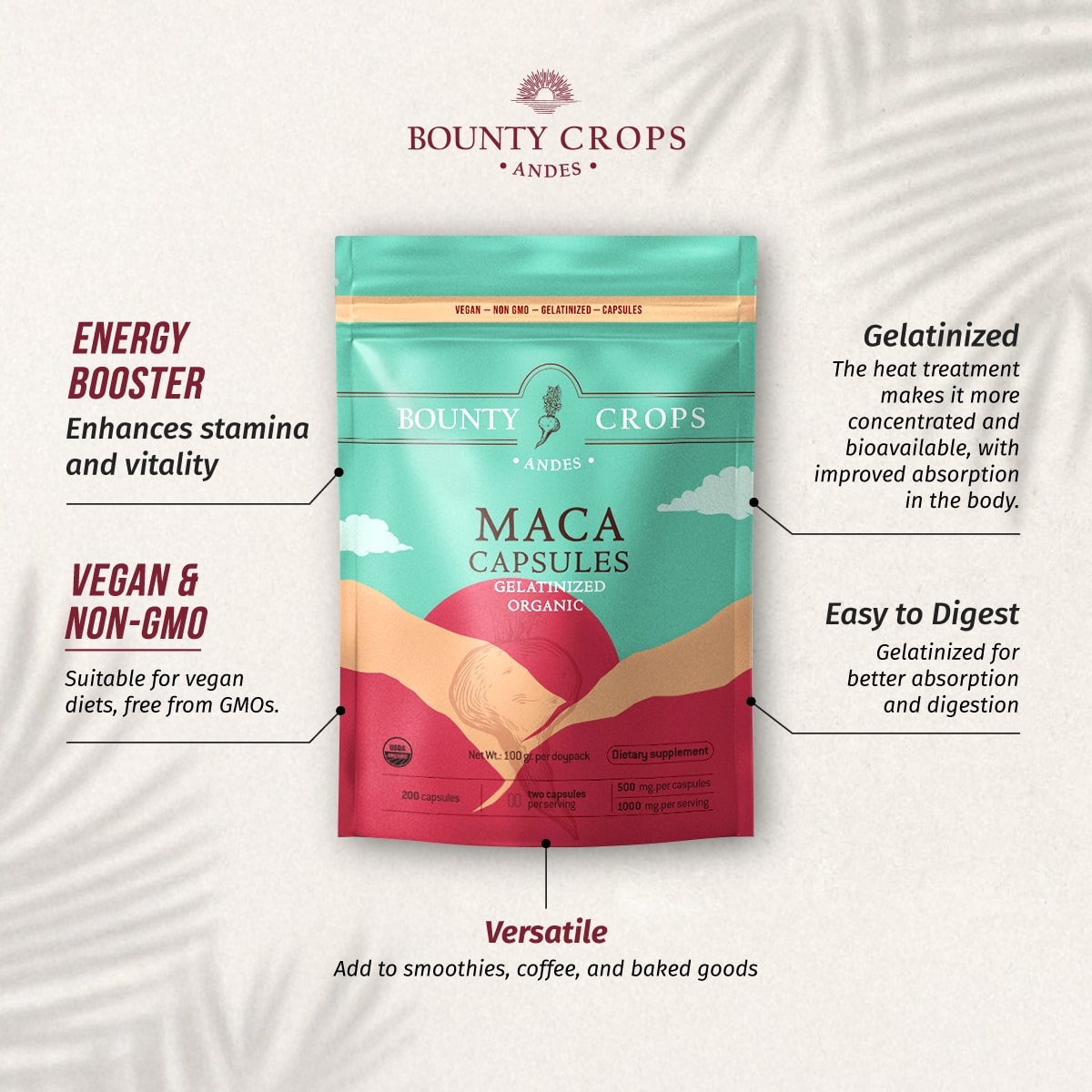 Organic Maca Root Capsules, Gelatinized, 200 units - 500mg. per capsule ($0.11 x capsule)