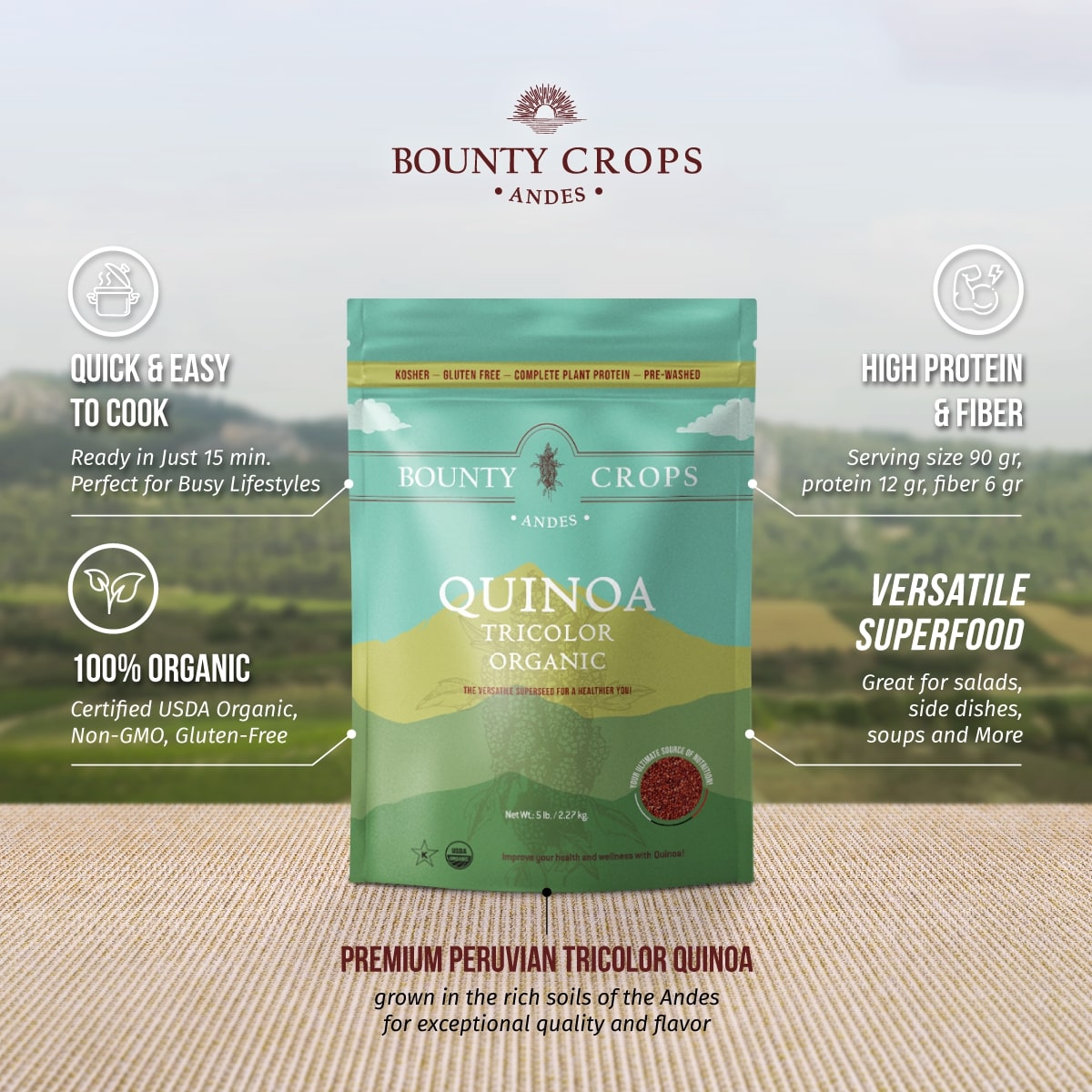 Quinoa Orgánica Tricolor, 5 lb, 2,27 kg, Proteína Completa