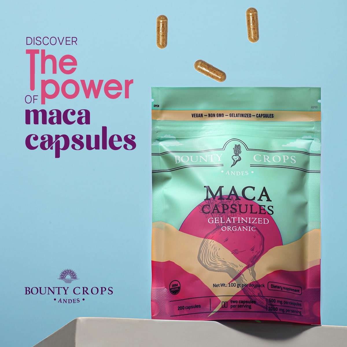 Organic Maca Root Capsules, Gelatinized, 200 units - 500mg. per capsule ($0.11 x capsule)