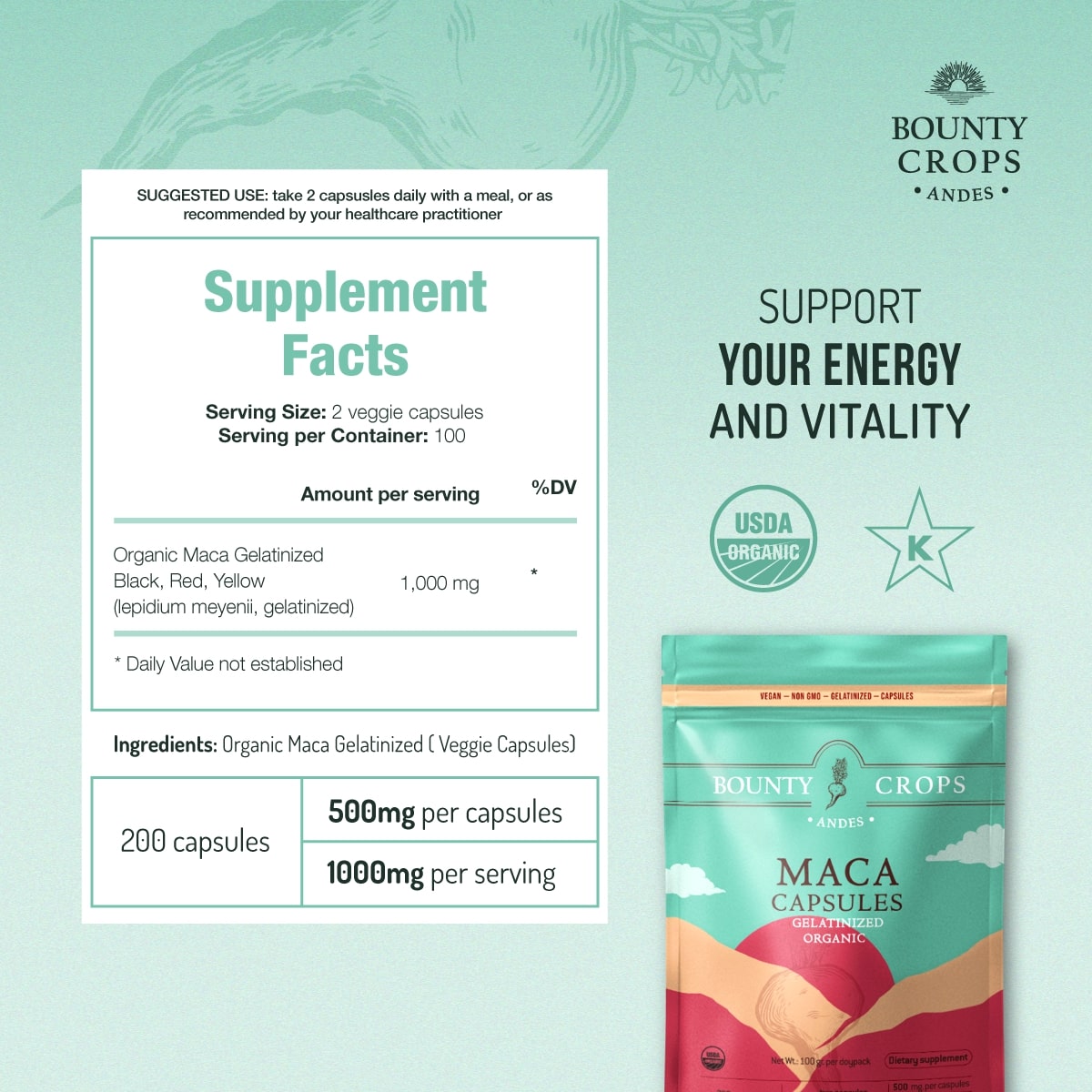 Organic Maca Root Capsules, Gelatinized, 200 units - 500mg. per capsule ($0.11 x capsule)