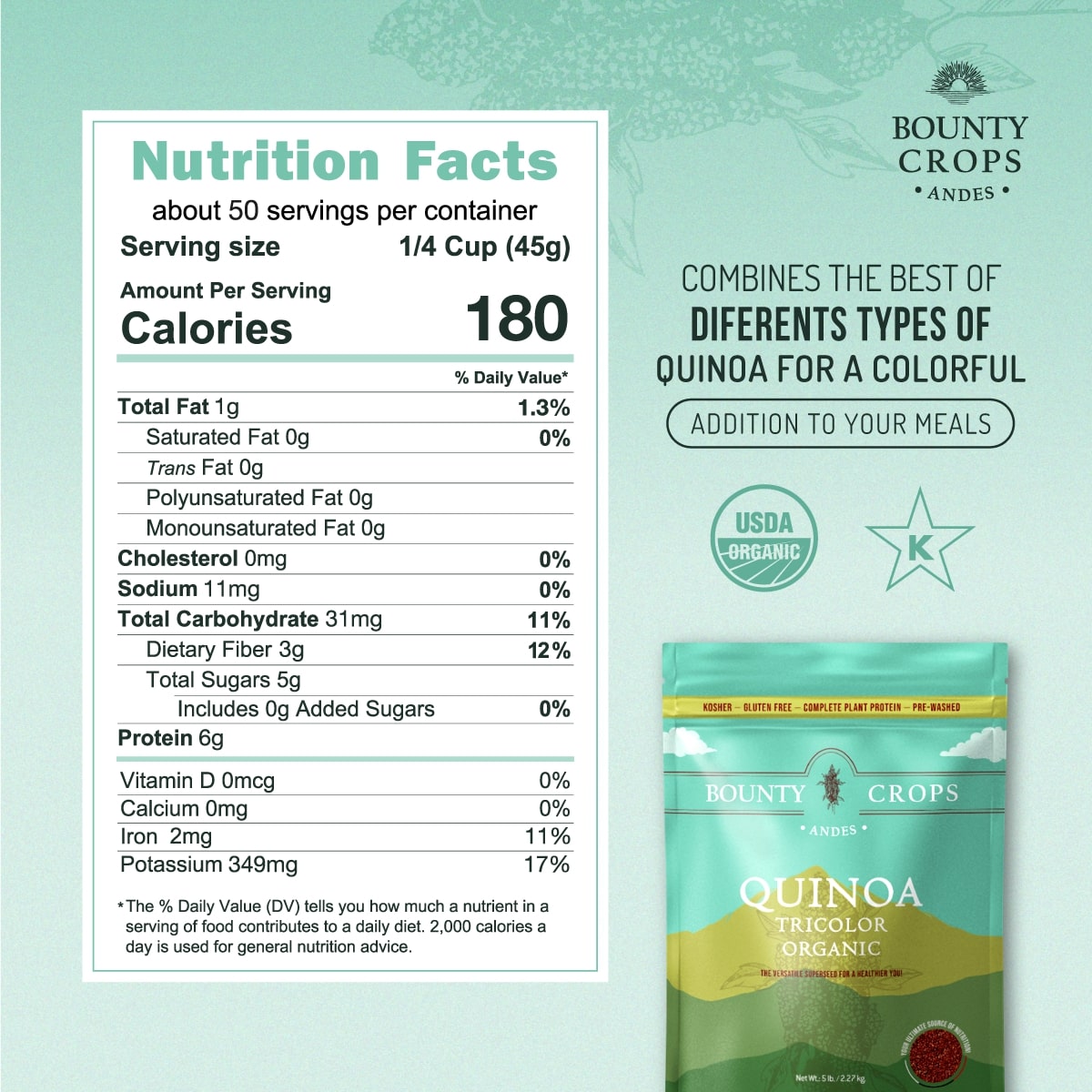 Quinoa Orgánica Tricolor, 5 lb, 2,27 kg, Proteína Completa