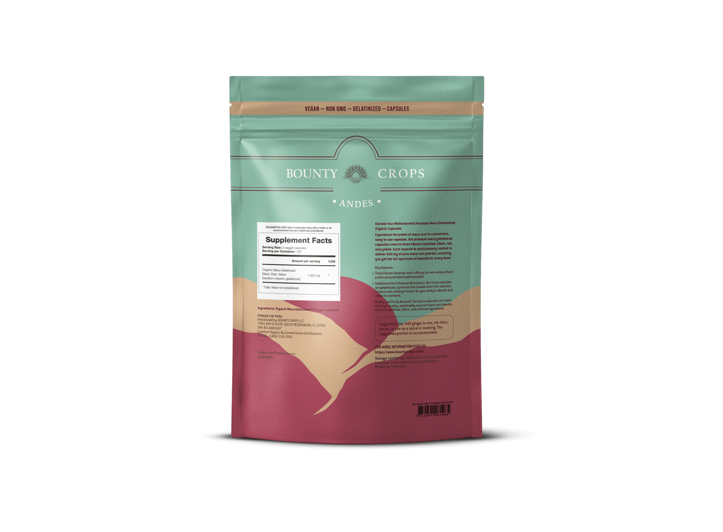 Organic Maca Root Capsules, Gelatinized, 200 units - 500mg. per capsule ($0.11 x capsule)